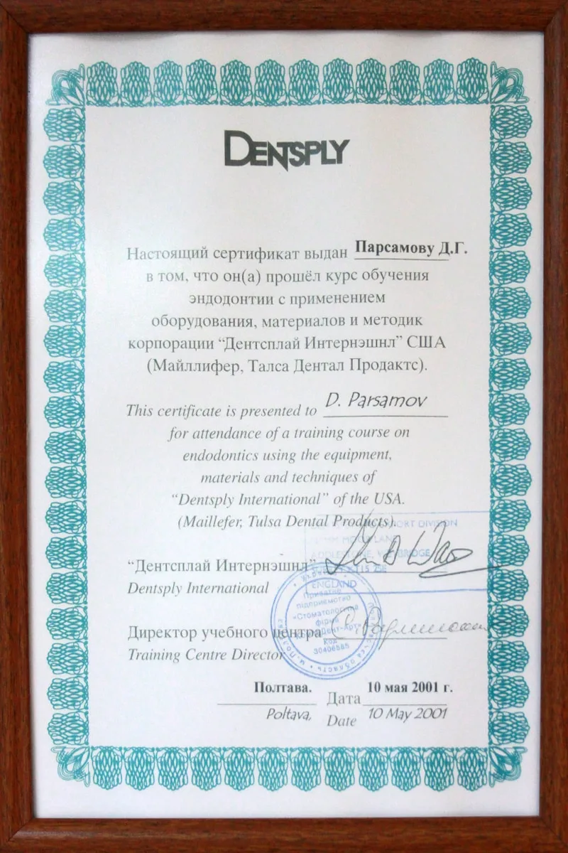 Сертификат доктора Данила Парсамова, 2001