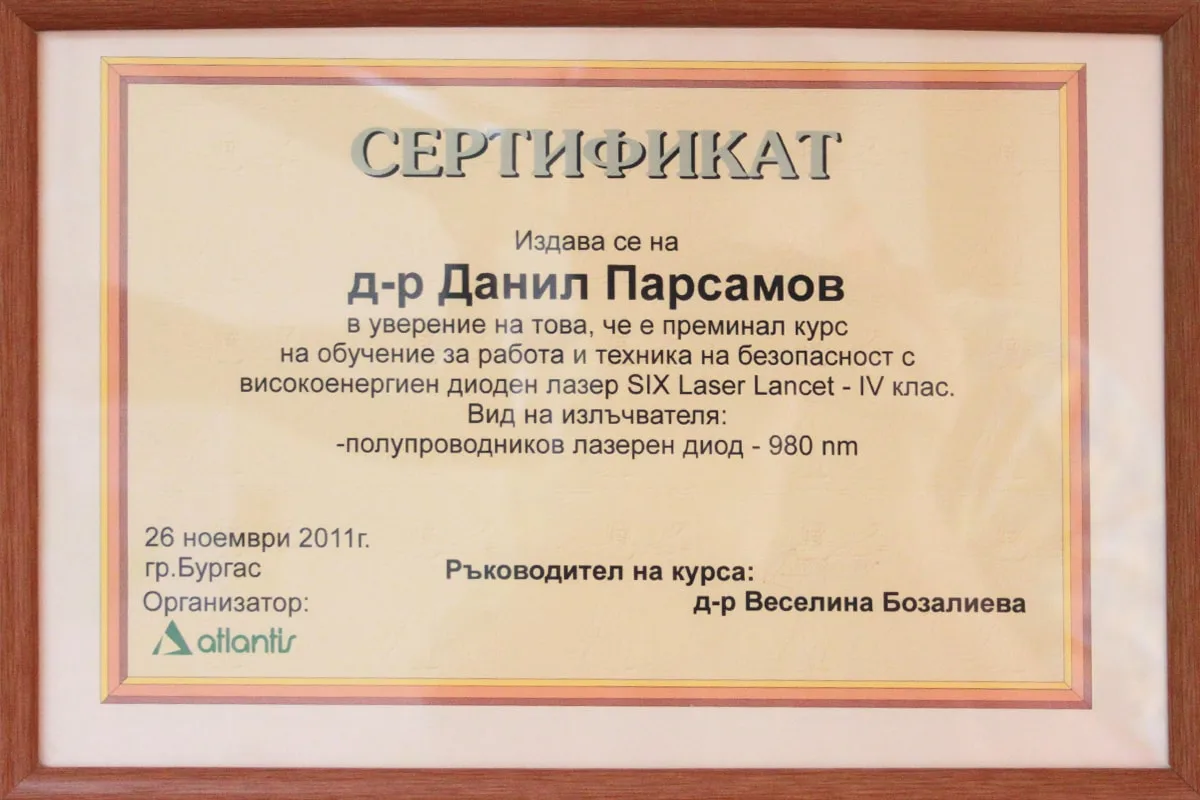 Сертификат доктора Данила Парсамова, 2011